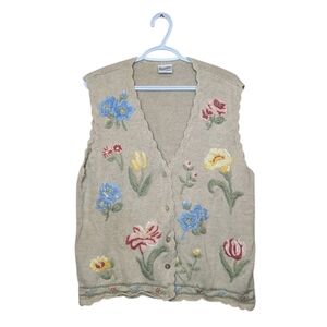 Vintage Francisca L (16-18) Button Up Cream Knit Floral Embroidered Vest